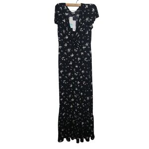 Gilli Short Sleeve V Neck Maxi Dress Black Floral Print Womens Size Medium